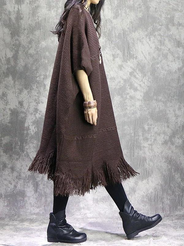 2021 Fall Tassel Sweater weather Vintage chocolate Fuzzy sweater dress - bagstylebliss