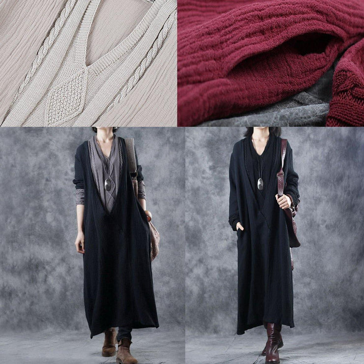 For Work patchwork Sweater v neck outfits Largo black DIY knit dress - bagstylebliss