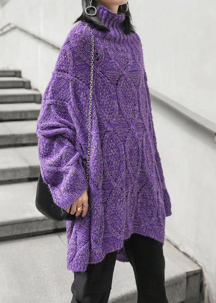 For Work purple clothes For Women high neck low high design oversize knitwear - bagstylebliss