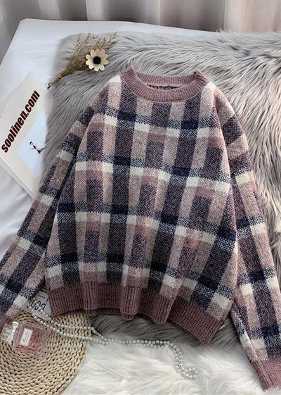 For Work purple knitted clothes warm oversized plaid knitwear - bagstylebliss