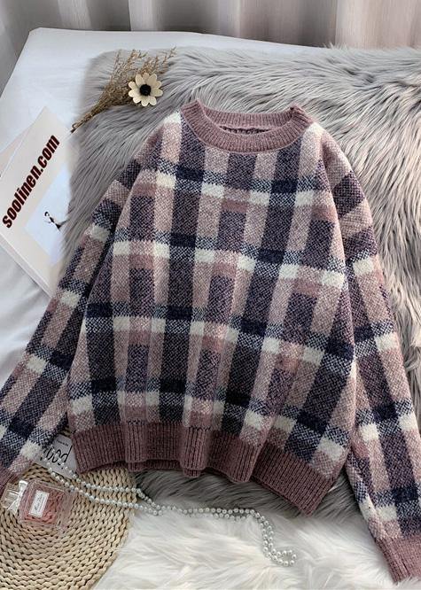 For Work purple knitted clothes warm oversized plaid knitwear - bagstylebliss