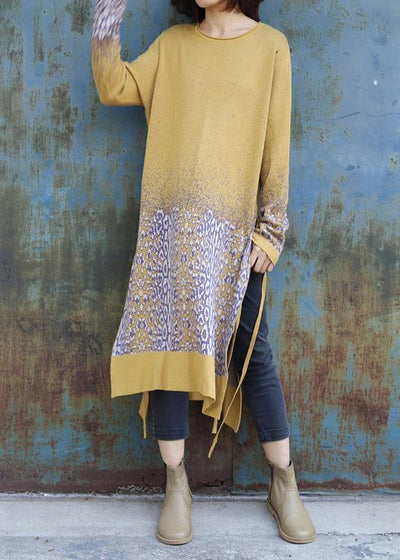 For Work side open Sweater o neck weather Classy yellow Jacquard Hipster sweater dress - bagstylebliss