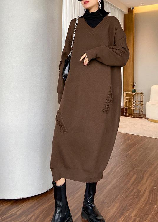 For Work v neck baggy Sweater dress outfit Moda chocolate Funny knitted dress - bagstylebliss