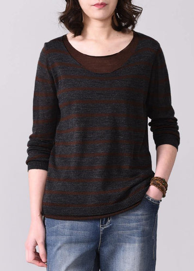 For fall striped knitted t shirt casual false two piecesknit sweat tops o neck - bagstylebliss