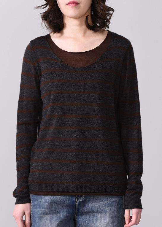 For fall striped knitted t shirt casual false two piecesknit sweat tops o neck - bagstylebliss