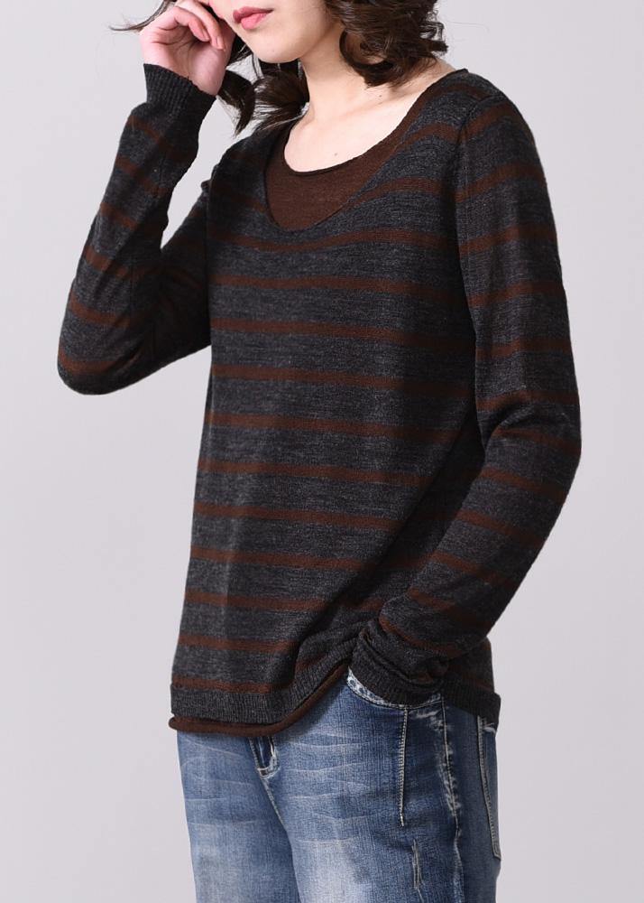 For fall striped knitted t shirt casual false two piecesknit sweat tops o neck - bagstylebliss