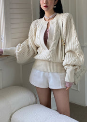 French Apricot O Neck Patchwork Cable Knit Sweaters Lantern Sleeve