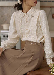 French Apricot Ruffled Button Patchwork Lace Shirt Long Sleeve