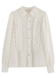 French Apricot Ruffled Button Patchwork Lace Shirt Long Sleeve