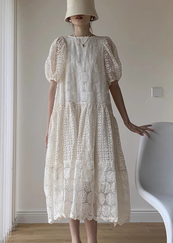 French Apricot Wrinkled Patchwork Lace Long Dresses Puff Sleeve