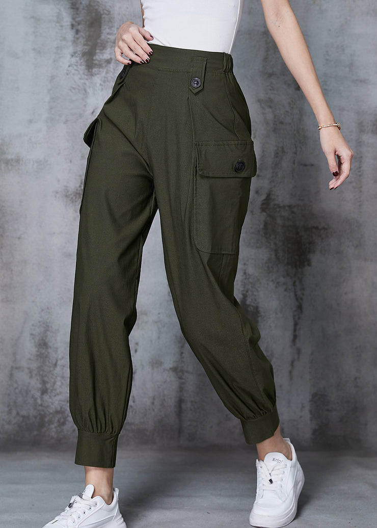 French Army Green Elastic Waist Pockets Cotton Overalls Pants Spring