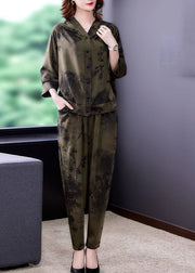 French Army Green Hooded Print Silk Two Pieces Set Spring