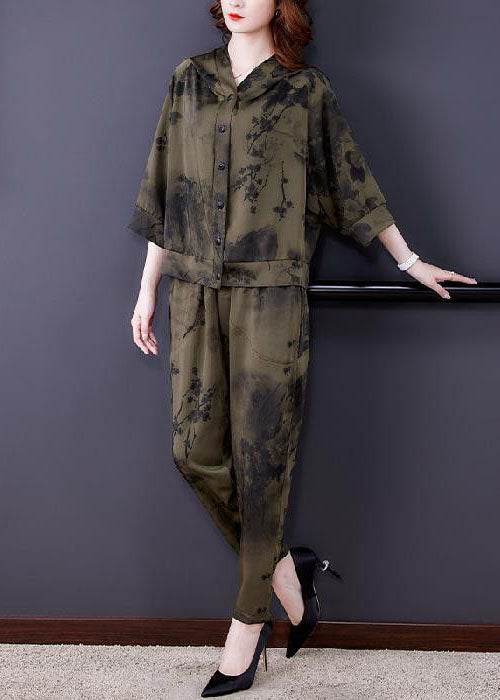 French Army Green Hooded Print Silk Two Pieces Set Spring