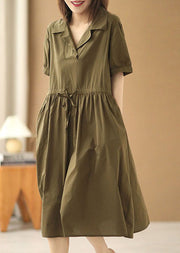 French Army Green Peter Pan Collar Cinched Pockets Cotton Cinch Long Dress Short Sleeve