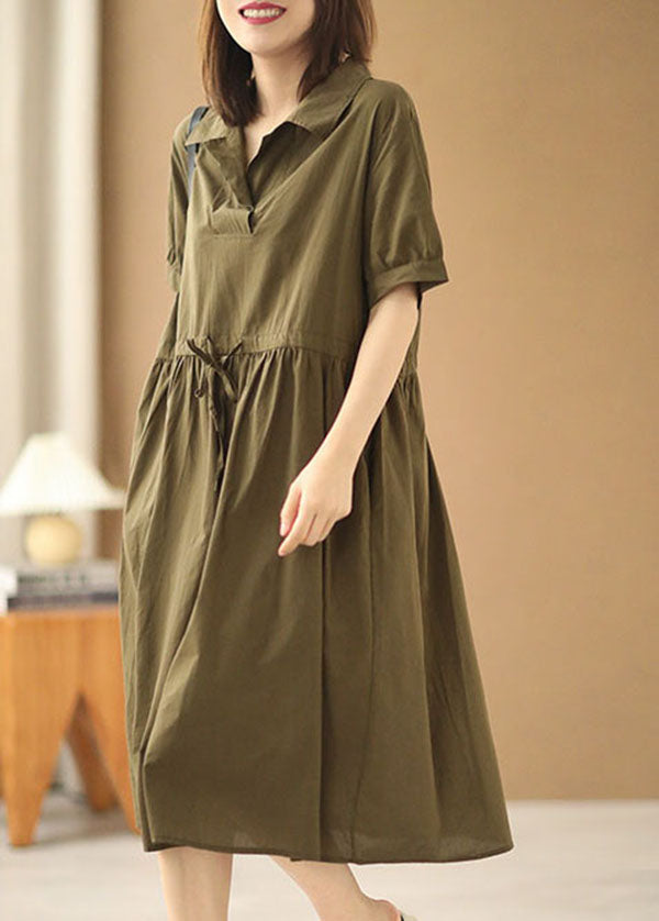 French Army Green Peter Pan Collar Cinched Pockets Cotton Cinch Long Dress Short Sleeve