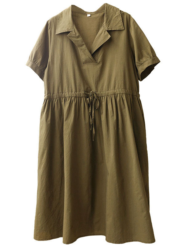 French Army Green Peter Pan Collar Cinched Pockets Cotton Cinch Long Dress Short Sleeve