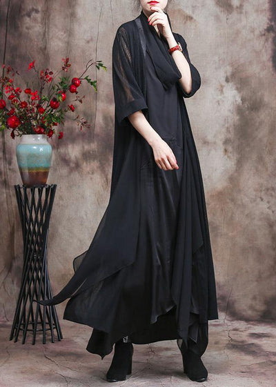 French Asymmetric Flowy Black Chiffon Cardigan Oversized Coats - bagstylebliss