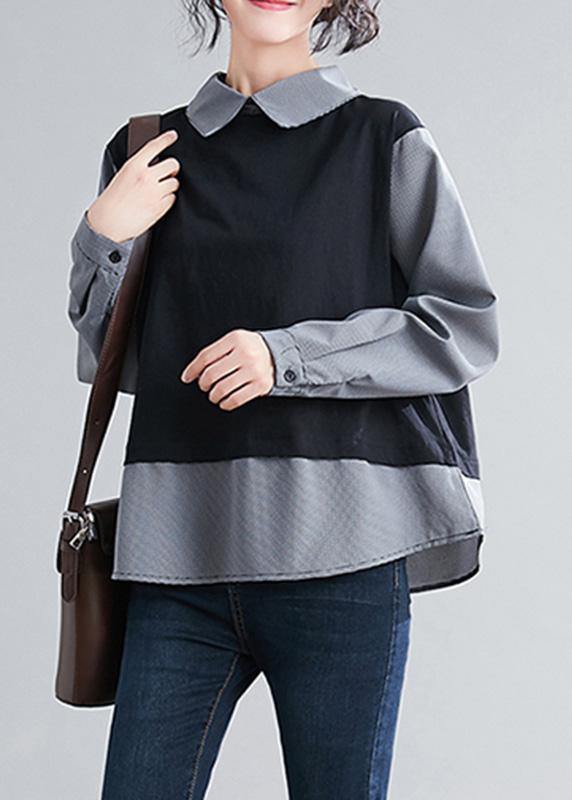 French Batwing Sleeve patchwork shirts women Sewing black shirts - bagstylebliss