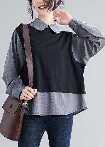 French Batwing Sleeve patchwork shirts women Sewing black shirts - bagstylebliss