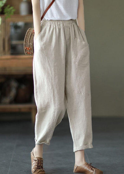 French Beige Elastic Waist Harem Summer Pants Linen - bagstylebliss