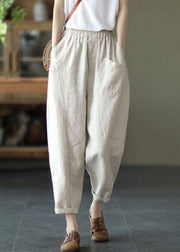 French Beige Elastic Waist Harem Summer Pants Linen - bagstylebliss