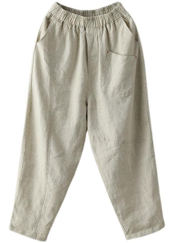 French Beige Elastic Waist Harem Summer Pants Linen - bagstylebliss