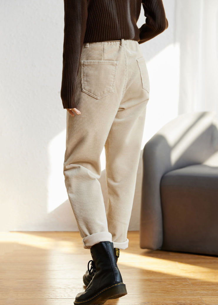 French Beige Pockets High Waist Fleece Pants Winter