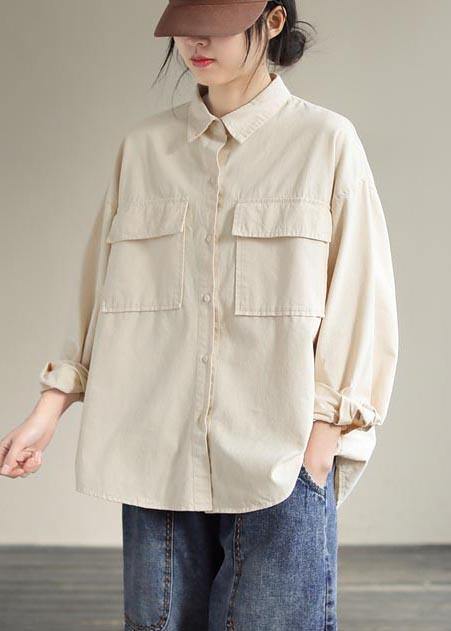 French Beige Tops Women Lapel Pockets Daily Spring Shirt - bagstylebliss