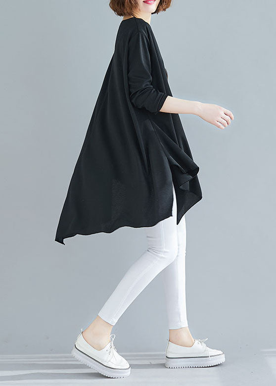 French Black Asymmetrical Cotton Blouse Top Spring