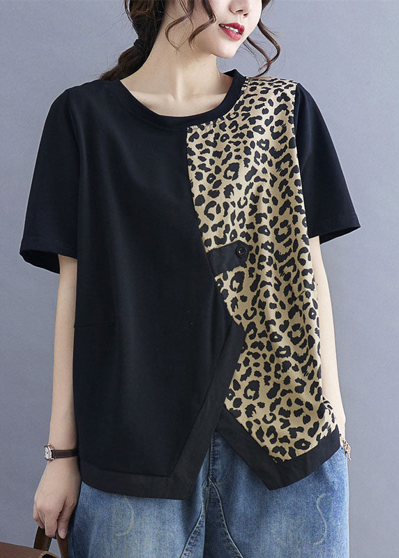 French Black Asymmetrical Leopard Patchwork Shirt Tops Short Sleeve