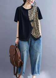 French Black Asymmetrical Leopard Patchwork Shirt Tops Short Sleeve