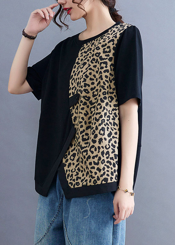 French Black Asymmetrical Leopard Patchwork Shirt Tops Short Sleeve