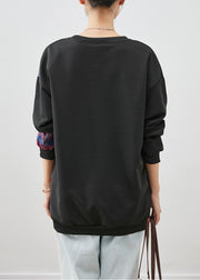 French Black Asymmetrical Patchwork Cotton Pullover Sweatshirt Fall