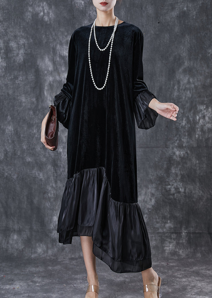 French Black Asymmetrical Patchwork Silk Velour Long Dress Spring