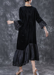 French Black Asymmetrical Patchwork Silk Velour Long Dress Spring