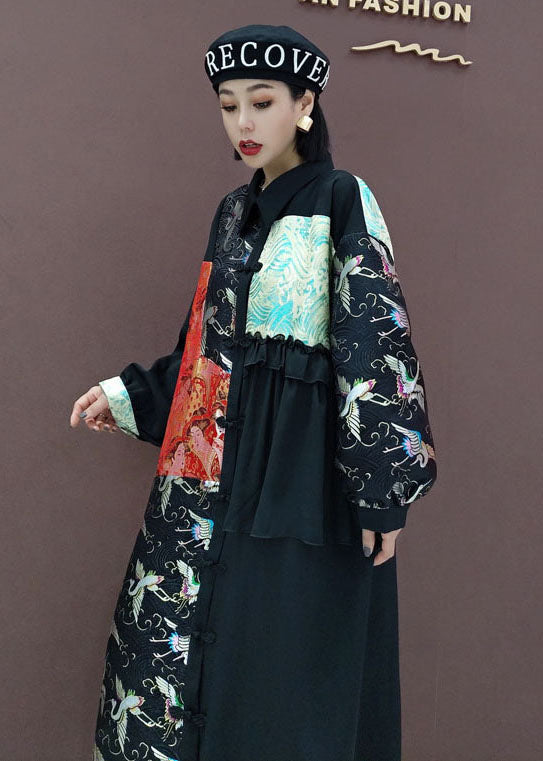 French Black Asymmetrical Print shirts Long Dress Spring