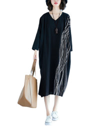 French Black Bat Wing Sleeve V Neck Print Patchwork Fall Maxi Dress