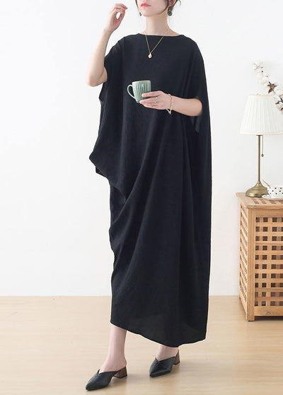French Black Batwing Sleeve Summer Linen Dress - bagstylebliss