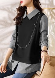 French Black Button Patchwork False Two Pieces Cotton Top Long Sleeve