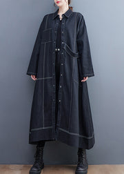 French Black Button Pockets Denim Long Trench Coat Fall