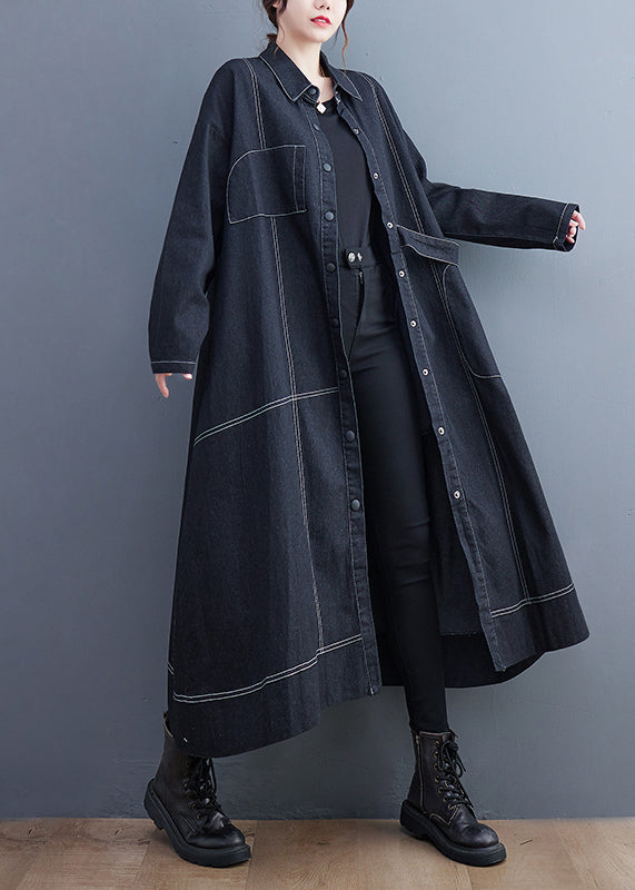 French Black Button Pockets Denim Long Trench Coat Fall