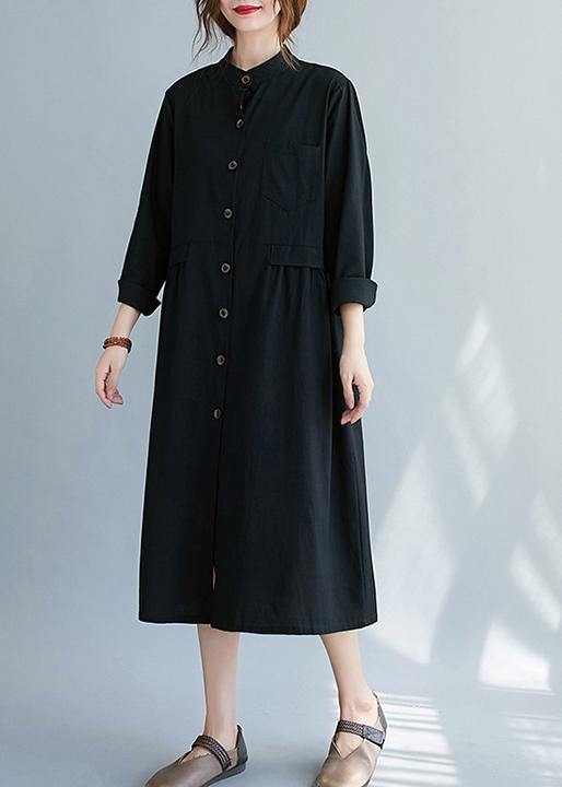 French Black Clothes Stand Collar Button Down A Line Spring Dress - bagstylebliss