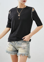 French Black Cold Shoulder Zircon Cotton Blouse Tops Half Sleeve