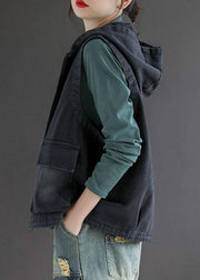 French Black Denim hooded Patchwork Fall Waistcoat Sleeveless - bagstylebliss