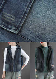 French Black Denim hooded Patchwork Fall Waistcoat Sleeveless - bagstylebliss