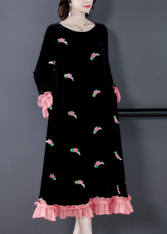 French Black Embroideried Floral Velour Dress Spring