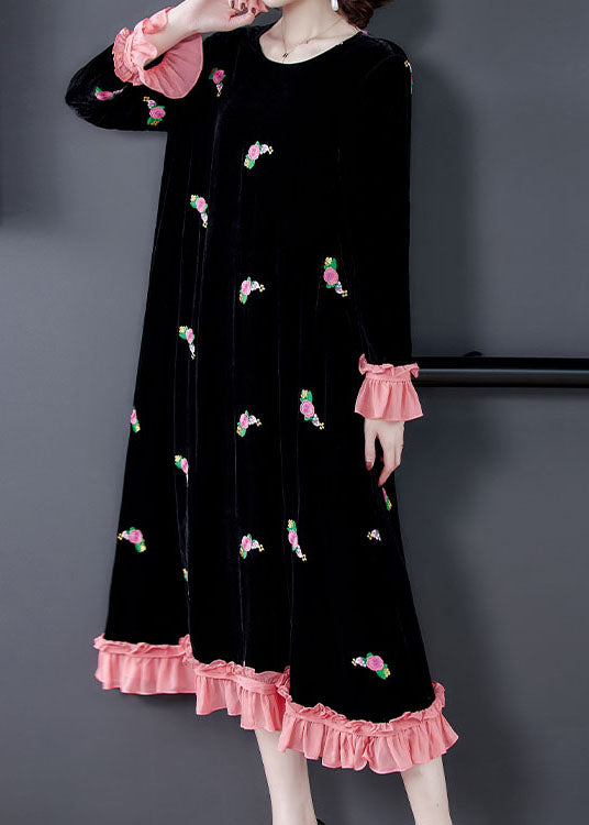 French Black Embroideried Floral Velour Dress Spring