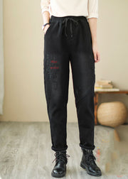 French Black Bestickte Patchwork-Denimhose Winter