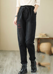 French Black Bestickte Patchwork-Denimhose Winter