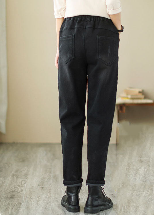 French Black Bestickte Patchwork-Denimhose Winter